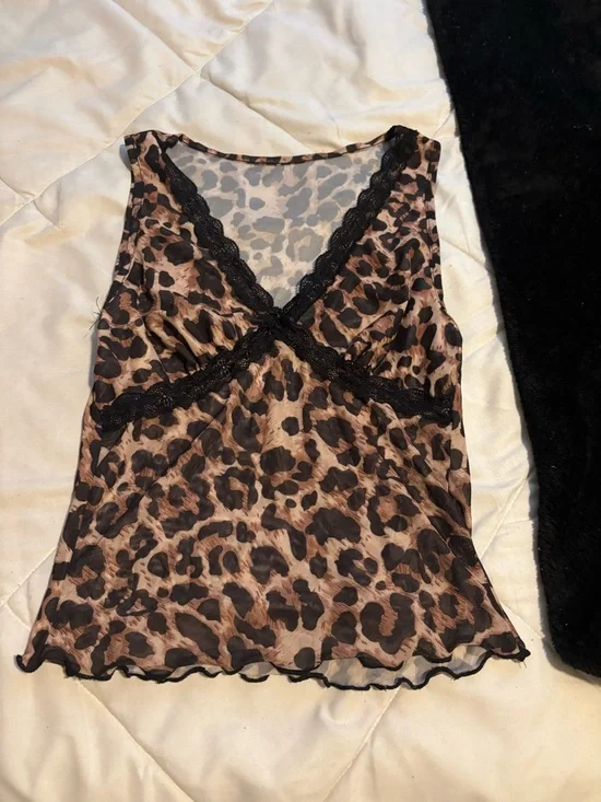 SHEIN Leopard Print Lace-Trim Sleep Cami - Brown & Black - Picture 1 of 2
